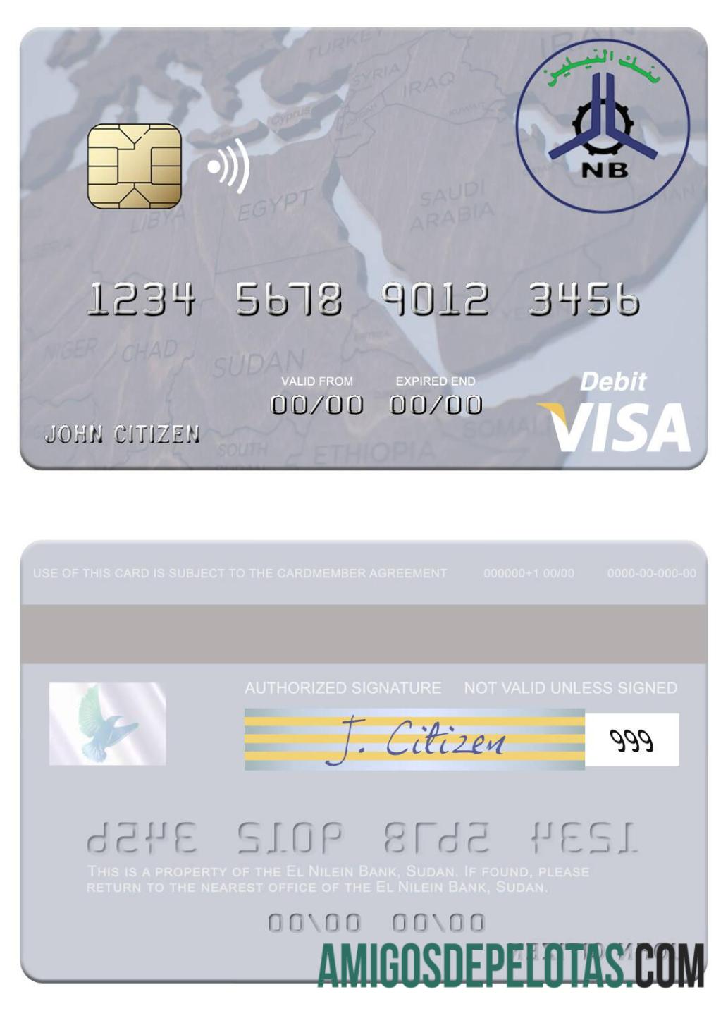 Cartão de débito Visa do Banco El Nilein do Sudão exemplo real